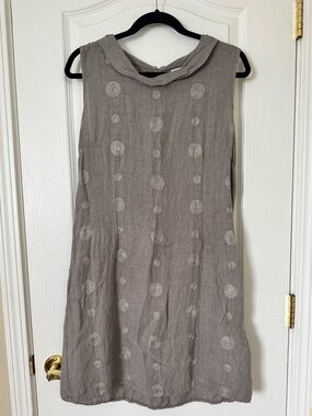 Lina Tomei 100% Linen Dress Size Large Taupe Polka Dot Sleeveless